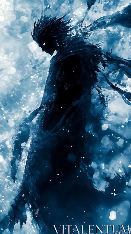 Shadow elemental warrior emerging through blue vortex storm.