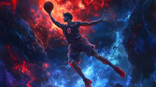 Basketball player in midair against red and blue nebula backdrop.