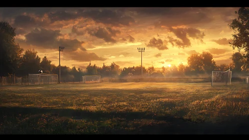 Golden hour soccer field where daylight lingers softly.