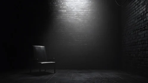 Single chair under overhead spotlight in dark brick interrogation room