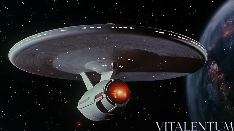 Sleek star cruiser gliding past distant planet in space.