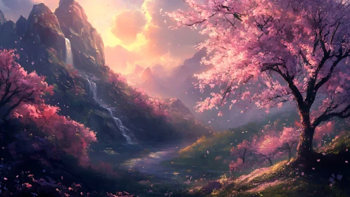 Sunlit cherry blossoms glow above a tranquil mountain valley