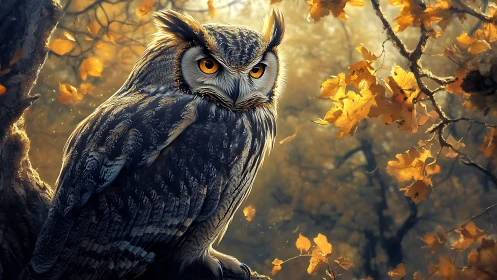 Majestic owl perched in autumn forest, digital art style scene.