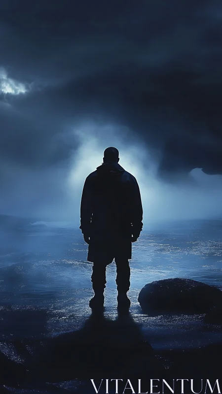 Backlit coastal silhouette under storm-luminous nocturnal sky.