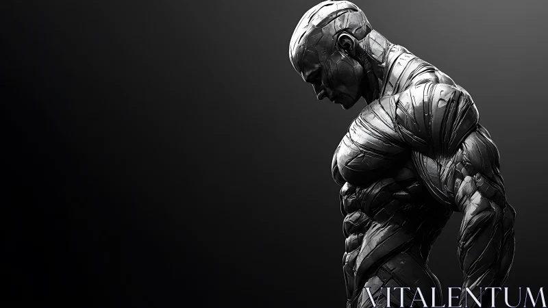 Chrome biomech warrior stands in stark profile silence.