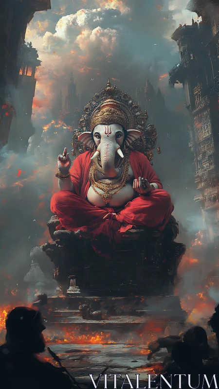 Stormlit elephant deity thrones above a burning ruin.