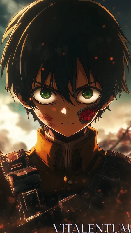 Battleworn anime soldier with exposed jaw and ember glow.