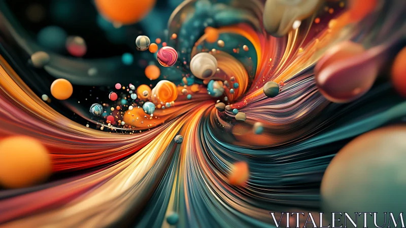 Colorful particle vortex twists through fluid abstract space