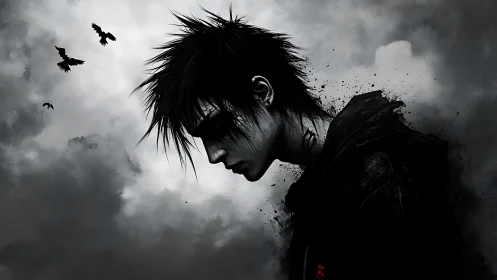 Storm-lit loner walks with crows through bruised sky dusk.