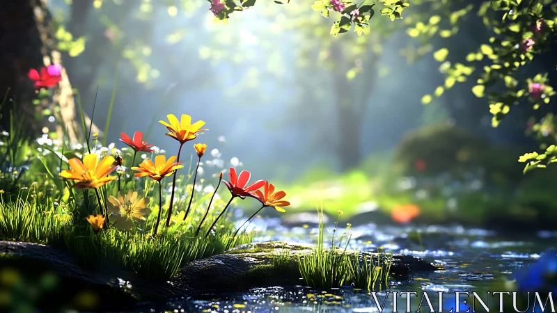 Wildflowers bloom by peaceful stream in sunlit forest.