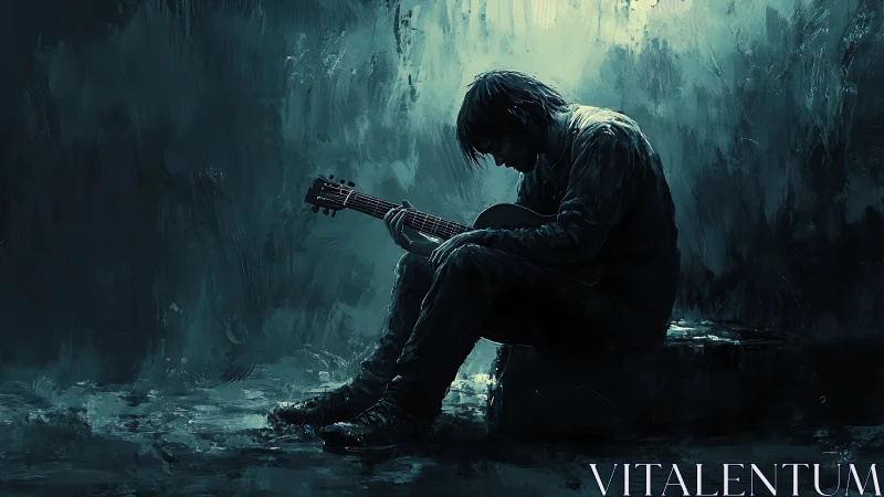 Quiet midnight guitarist wrapped in moody blue shadows.