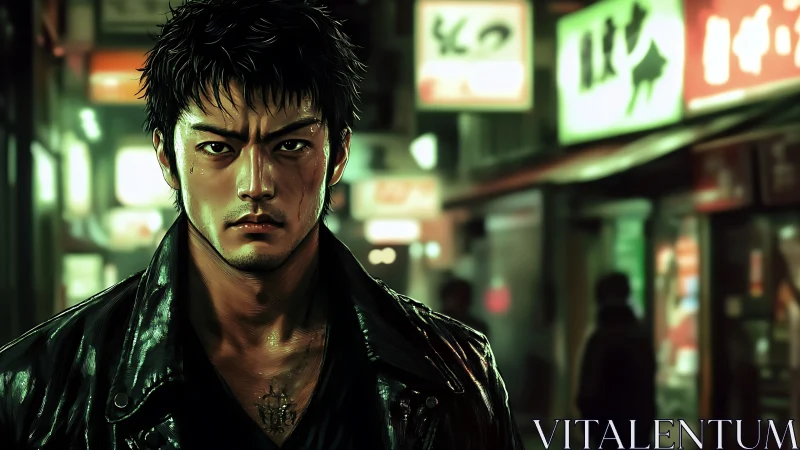 Male figure in leather jacket on neon lit urban street.