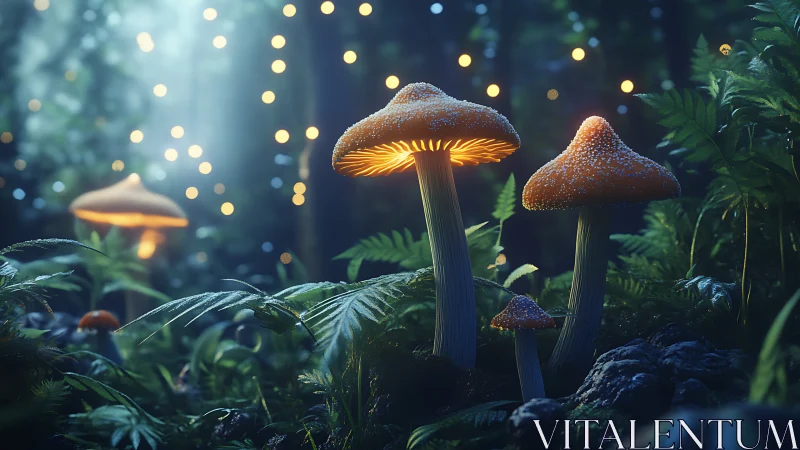 Glowing forest mushrooms under dreamy bioluminescent haze.