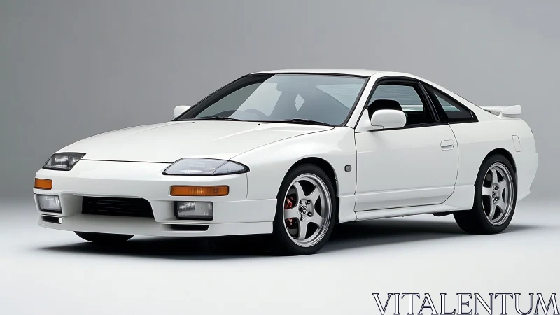 Photorealistic studio profile of classic white sport coupe.