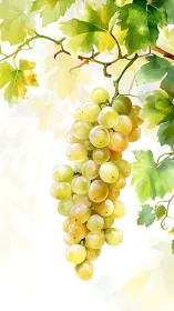 Watercolor study of white grape cluster with luminous foliage.