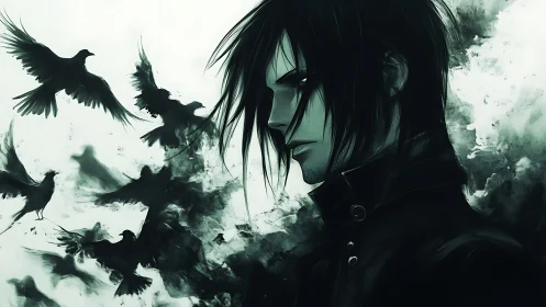Brooding anime figure merges with ink-like crows in motion