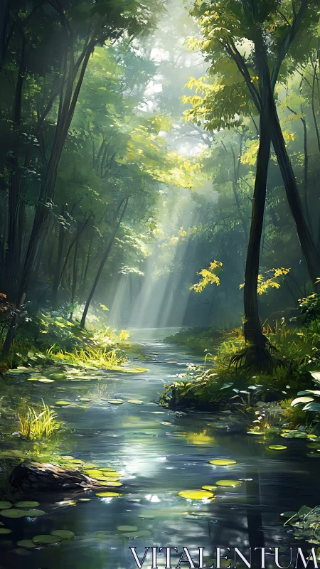 Tranquil Forest Stream with Dappled Sunlight.