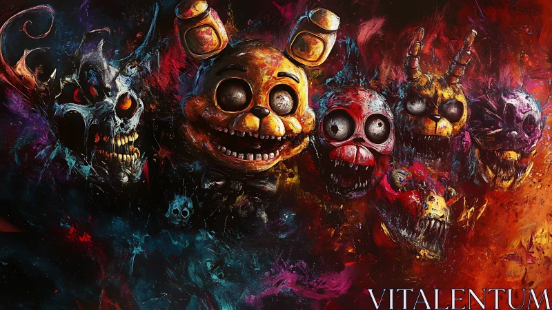 Grotesque animatronic skulls emerge from chaotic pigment blaze