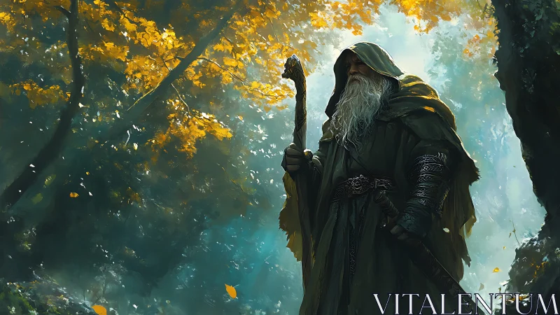 Cloaked forest wizard under dappled autumn canopy lighting.