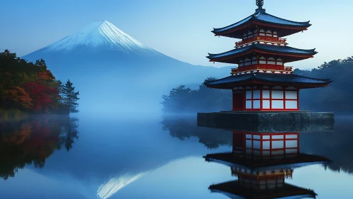Pagoda reflection on calm lake with distant snowy volcano.