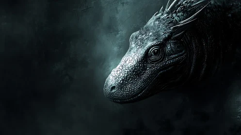 Mysterious dragon portrait glowing from deep shadowed mist.