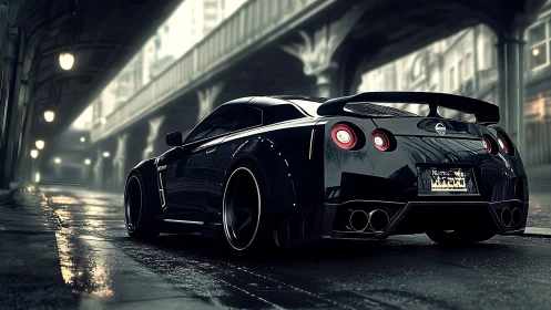 Midnight tuner beast prowl under rain slick city overpass.