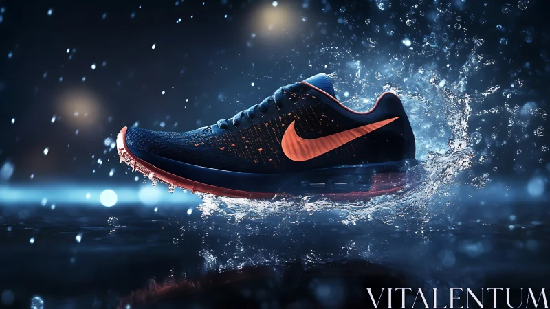 High-speed running shoe rendered with dynamic splash physics and bokeh lighting
