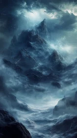 Storm-lashed ice mountains in swirling cinematic fogscape.
