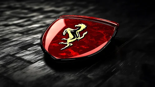 Glossy red shield emblem rests on dark reflective surface