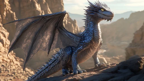 Blue scaled dragon perched on rocky desert ridge.