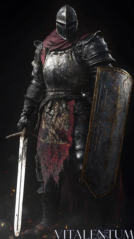 Battle-worn knight quietly stands ready behind a tall shield