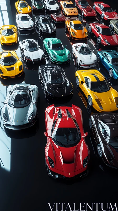 High angle view of assorted modern sports cars on display.