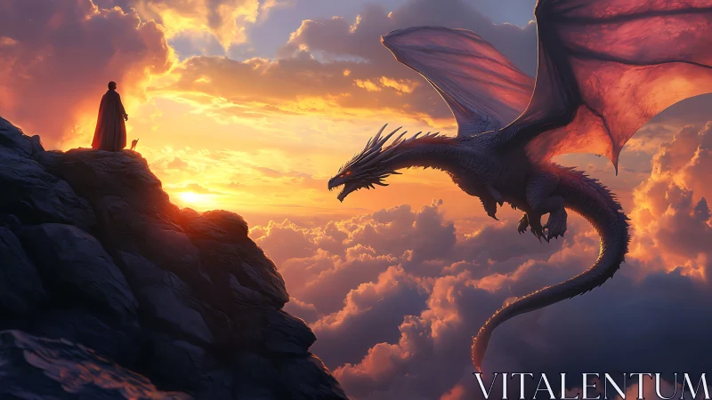 Cloaked figure confronting sunset-lit dragon above cloud sea