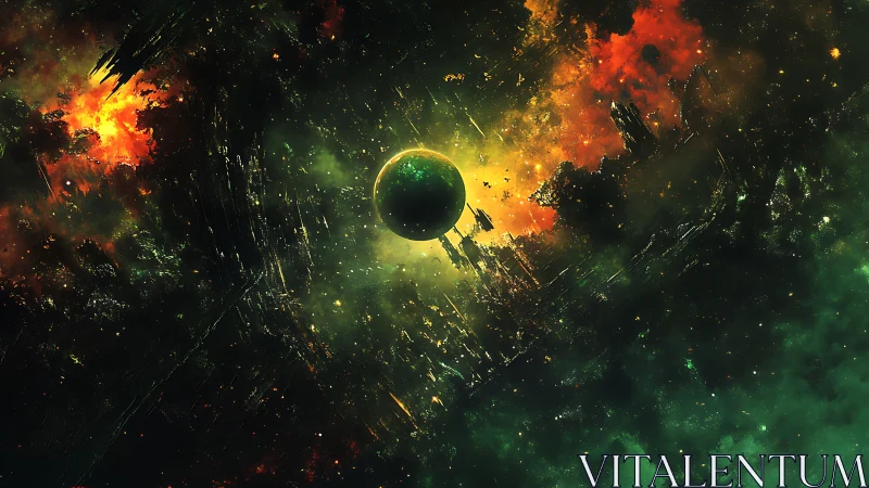 Ringed planet amid fragmented nebula and debris field.