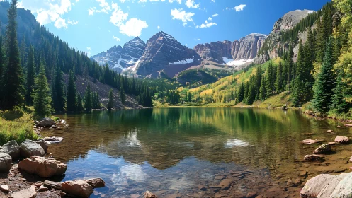 Peaceful mountain lake cradled by bright pines and peaks.