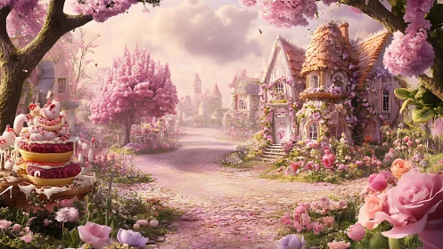 Enchanted fairytale village bathed in vibrant pink blossoms and golden hour light.