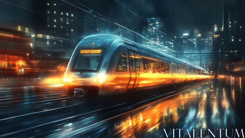 Electric commuter train on wet city tracks at night.
