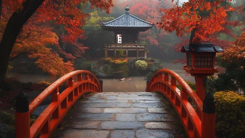 Misty red bridge leading toward a quiet autumn garden shrine.