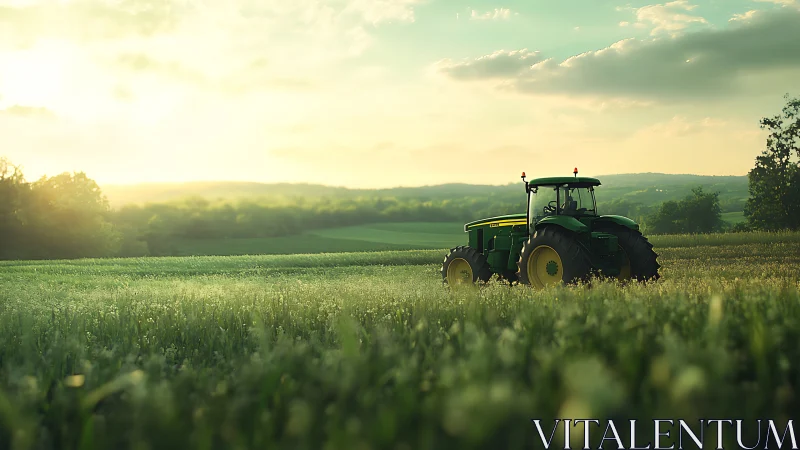 Gentle sunrise light bathes a green tractor in open fields