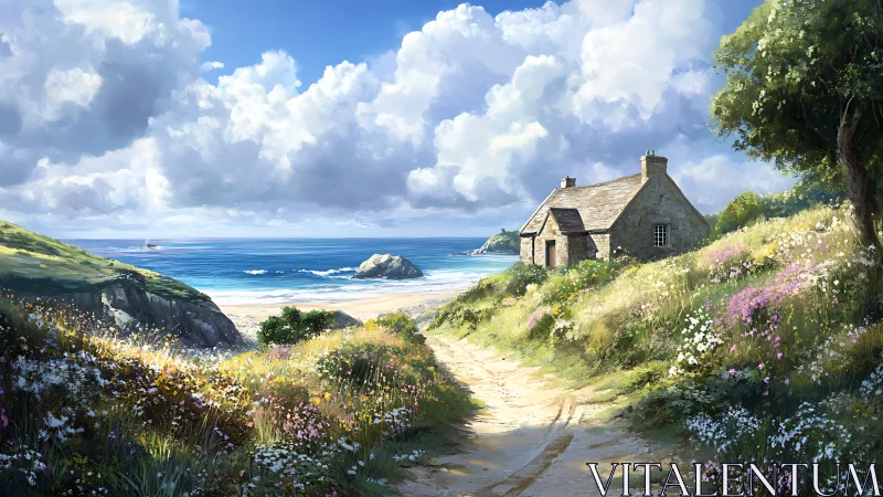 Coastal cottage in wildflower meadow overlooking sea.