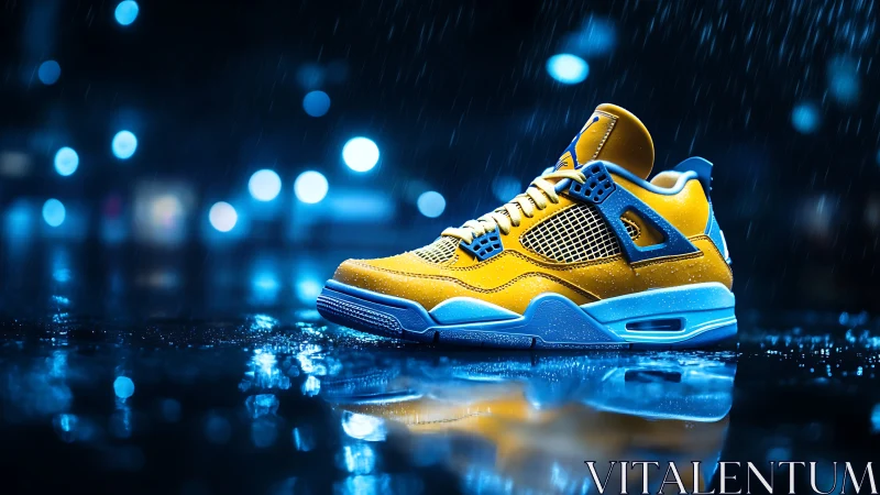 Yellow athletic sneaker is positioned on wet reflective street