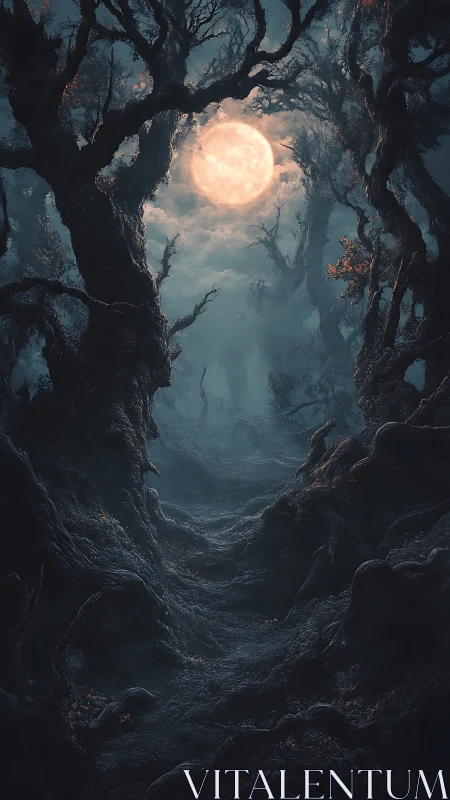 Moonlit forest path glows softly beneath twisted trees