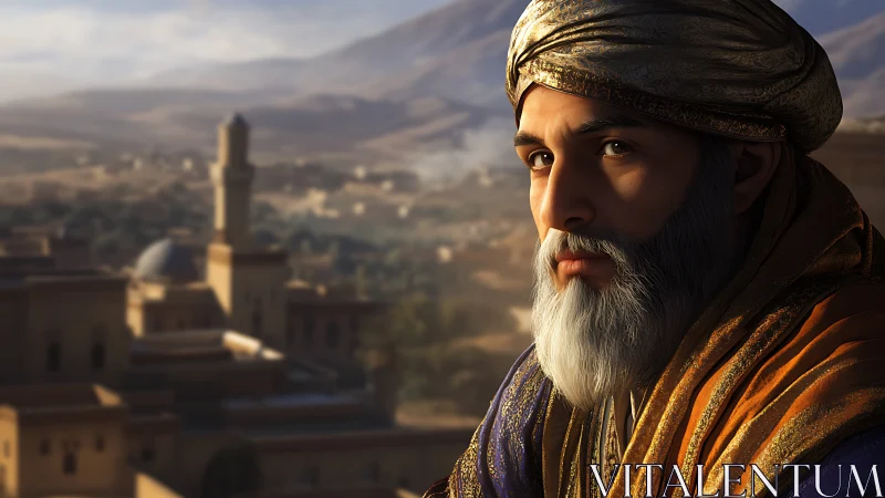 Spectral-lit scholar in turban overlooking desert citadel.