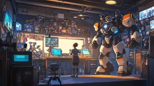 Young engineer working on giant combat robot in lab