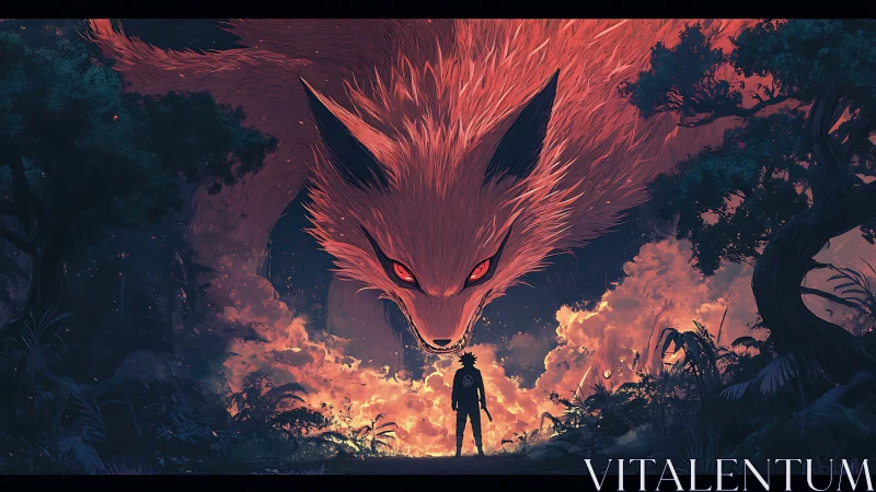 Silhouetted figure confronts massive fox entity in forest fire