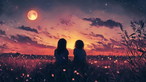 Dual-Figure Silhouette in Nocturnal Field with Lunar and Golden Hour Atmospheric Rendering