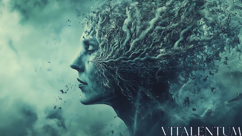 Side-profile humanoid merges into branching arboreal neural structure