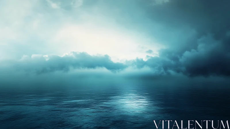 Calm ocean surface reflects dense blue storm clouds