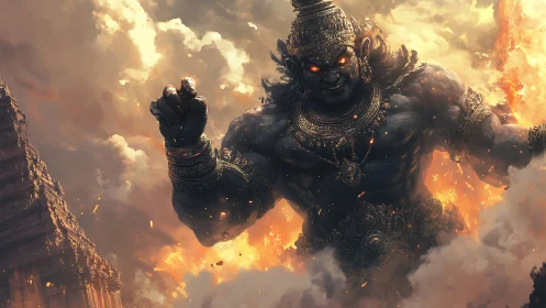 Colossal armored demon emerges from temple ruins amid volumetric fire