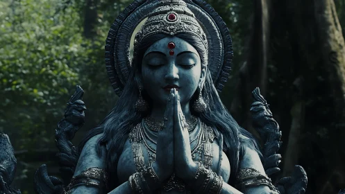 3D rendered serene goddess statue in forest chiaroscuro composition.